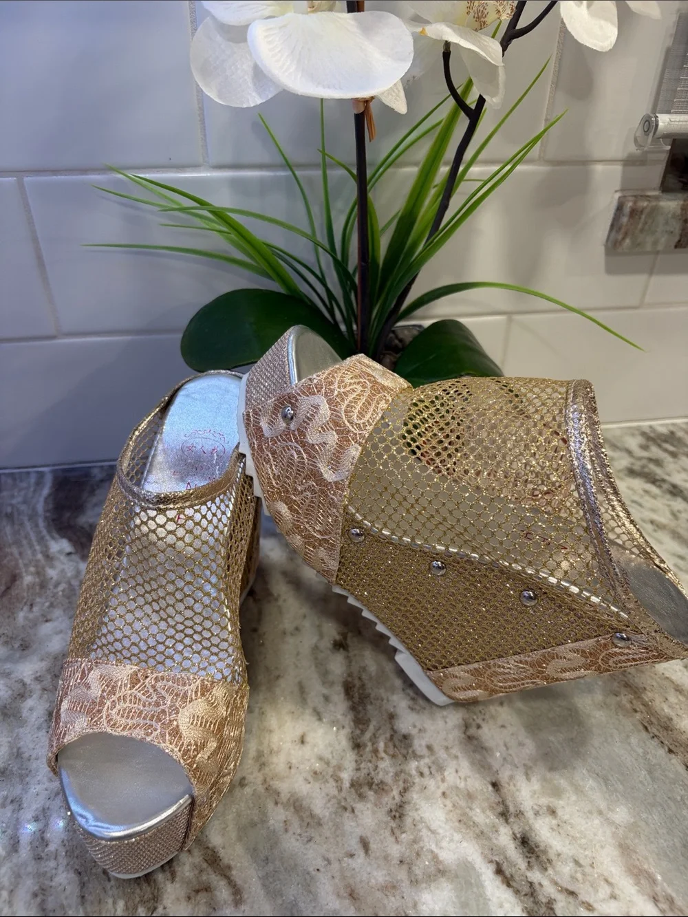 Gold Lace & Mesh Peep-Toe. Perfect for party, bridal party, festival or costume